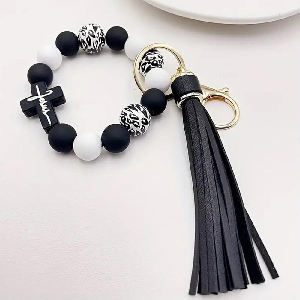 Wristlet Bracelet Keychain for Women,Silicone/Wood Cross Leopard Beaded Bracelet - Picture 5 of 9